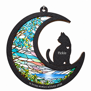 Large white-background cat memorial crescent ornament with clear unpainted acrylic; nylon-and-chain hanger shown in later gallery images