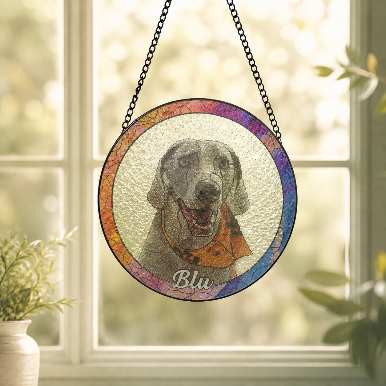 Personalized translucent frosted-glass pet suncatcher with a rear-printed gray dog portrait and the name Blu hanging in a sunlit window