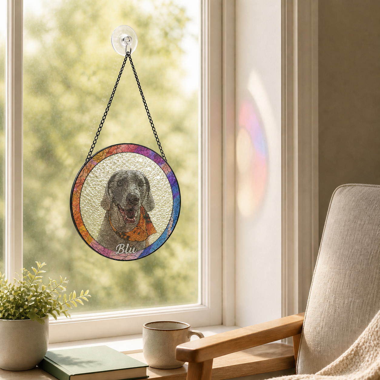 Translucent rear-printed pet suncatcher softly transmitting daylight in a warm reading nook
