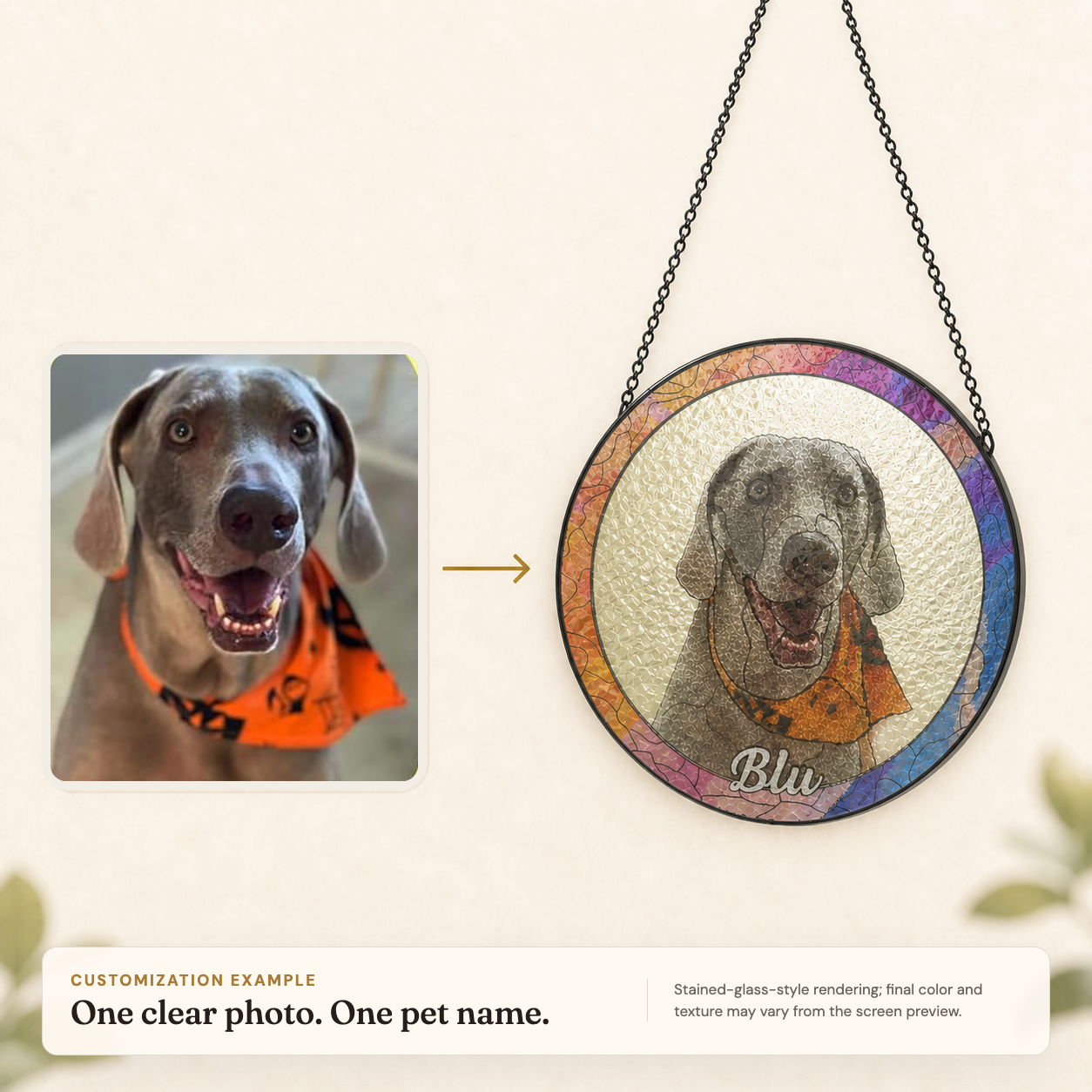 Clear gray dog source photo beside a translucent rear-printed pet suncatcher with a note that final color and texture may vary