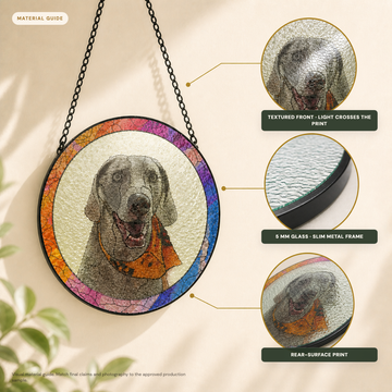 Visual material guide showing the textured front, 5 mm glass edge in a metal frame, and rear-surface print of a pet suncatcher