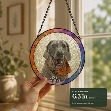 Hand holding a translucent pet suncatcher beside labels for 6.3-inch diameter and approximately 0.2-inch thickness