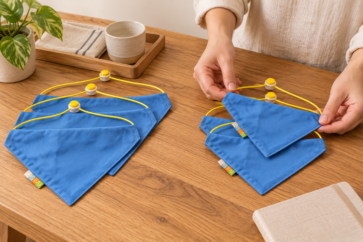 AI-created illustrative preparation scene with two sizes of blue bandanas organized on a warm wood station; props are not included.