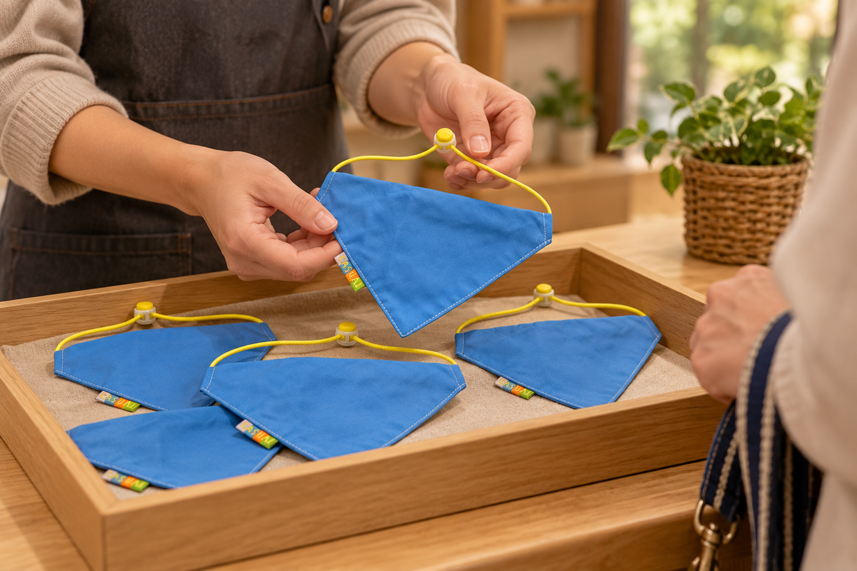 AI-created illustrative hand-back selection scene showing an adult holding a blue bandana above a tray; not customer use or fit proof.