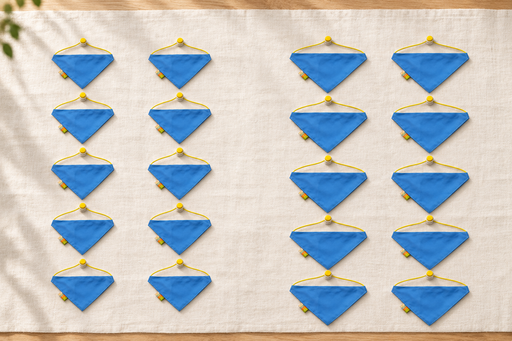 Pack contents: 20 blue cord-and-toggle bandanas, 10 small on the left and 10 medium on the right.