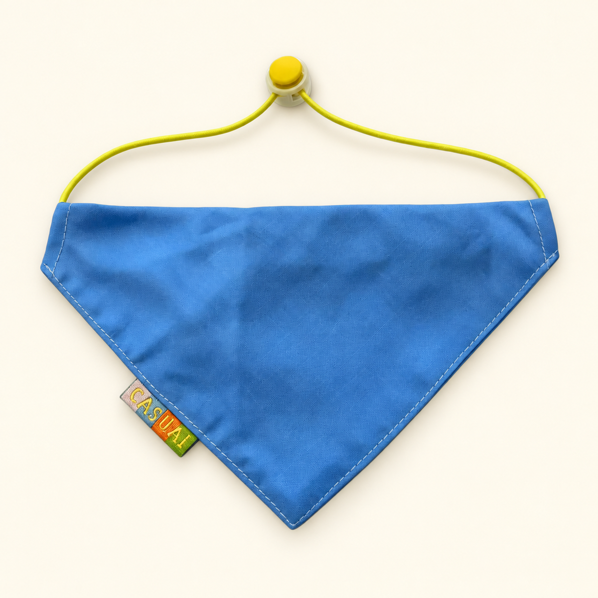 Supplier-reference AI illustration of one blue finished bandana with yellow adjustment cord, toggle and maker side tag.