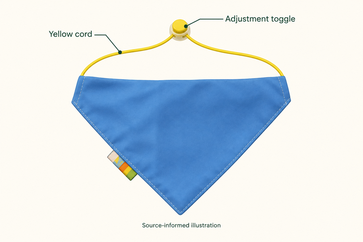 Source-informed illustration labeling the yellow cord and adjustment toggle; not a mechanism or performance test.