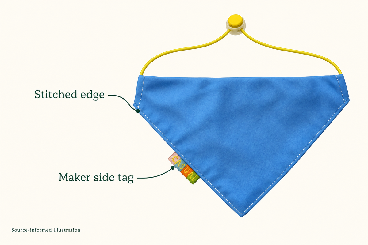 Source-informed illustration labeling the stitched edge and maker side tag; maker lettering is not transcribed.
