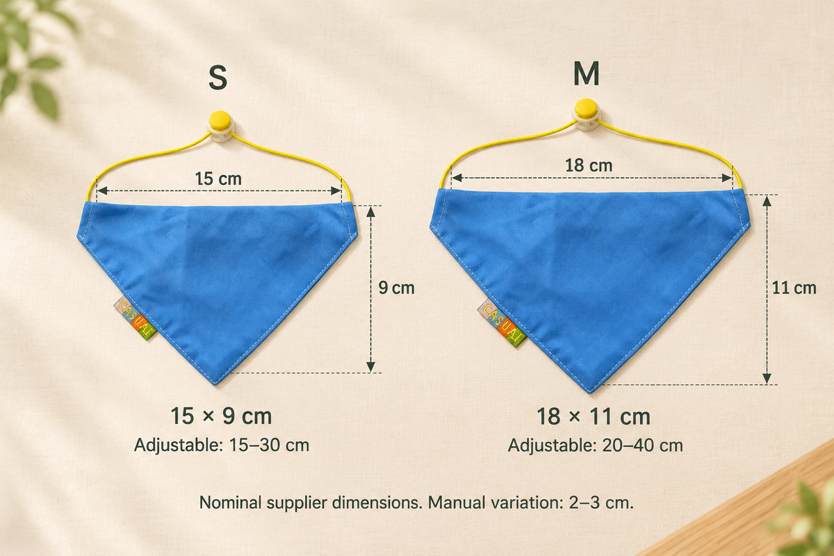 Illustrated nominal supplier sizes: small 15 by 9 cm, adjustment 15–30 cm; medium 18 by 11 cm, adjustment 20–40 cm; manual variation 2–3 cm.