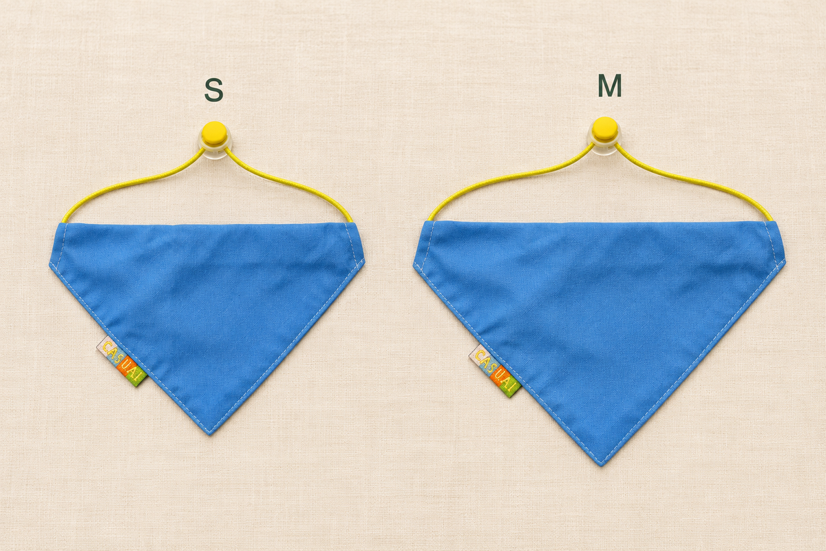 AI-created approximate relative-size illustration of small and medium blue bandanas; use nominal dimensions, not image scale, to choose.