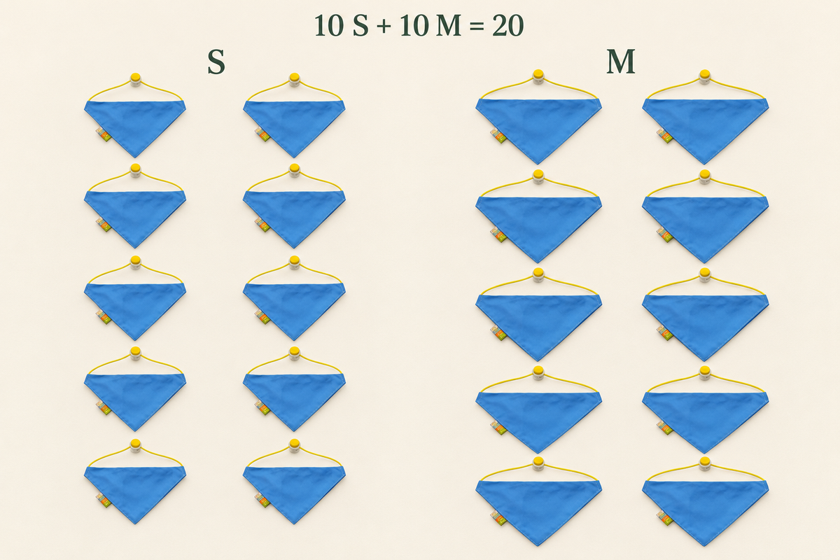 Illustrated count: 10 small plus 10 medium blue finished bandanas equals one 20-piece pack; not a photographed shipment.
