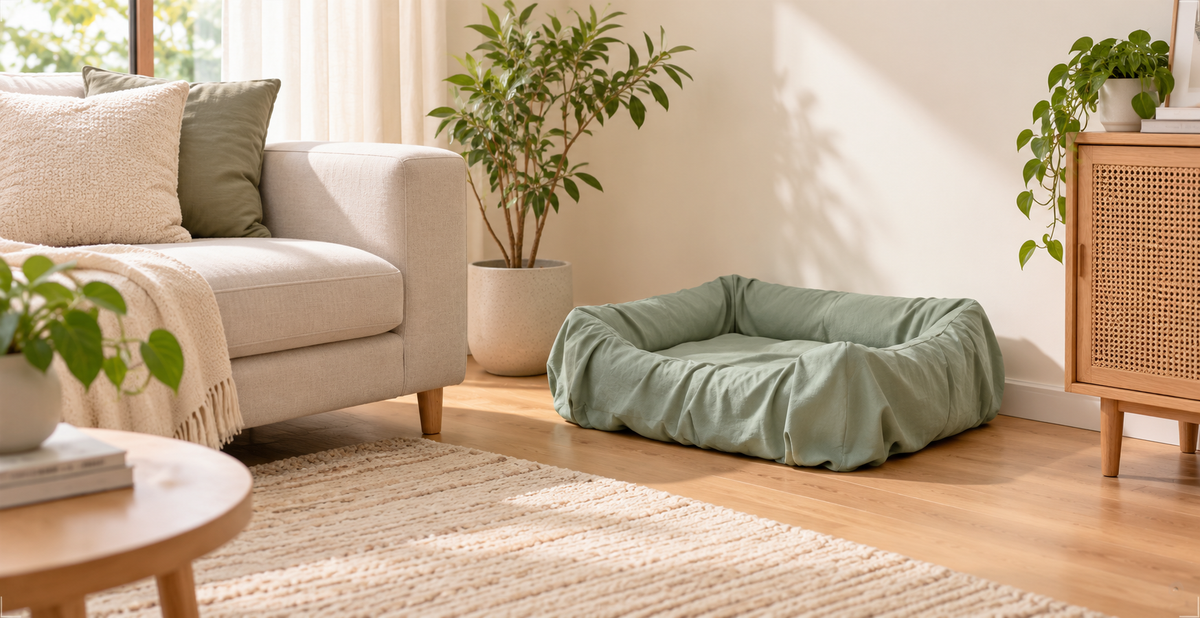 Room setting with a bean-green cover draped over an existing dog bed; the bed and props are not included.