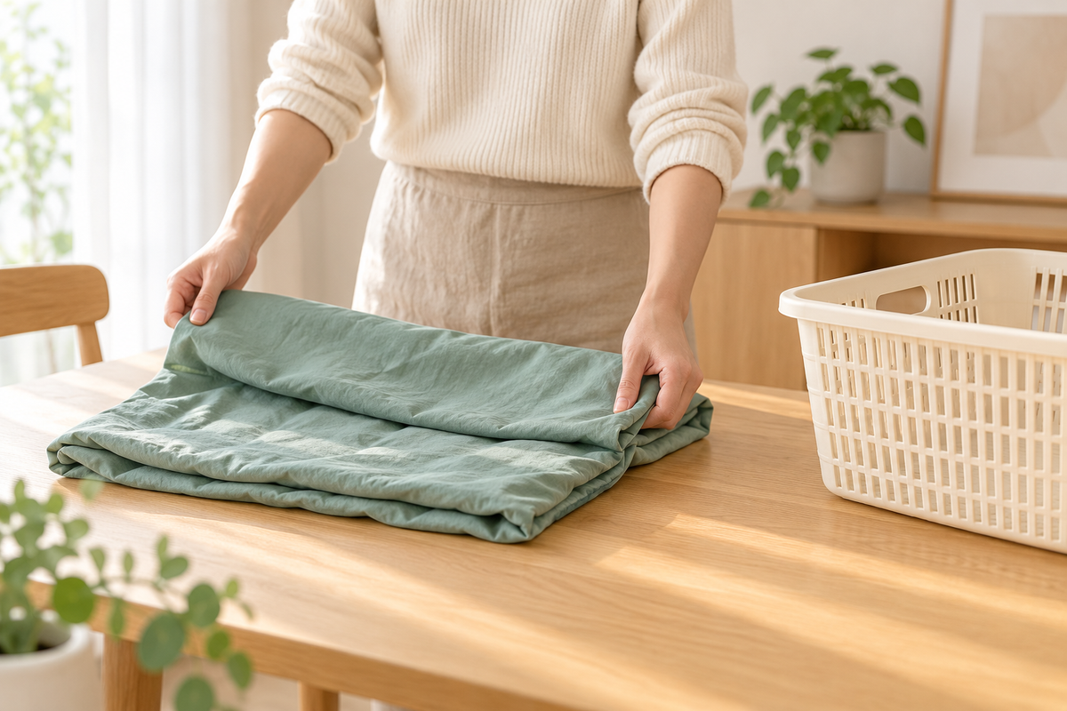 Preparation scene with an adult folding one thin bean-green cover beside a laundry basket.