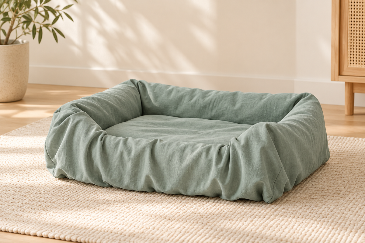 View of a thin bean-green cover draped over an existing raised-sided dog bed. Bed and filling are not included.