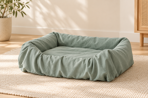 View of a thin bean-green cover draped over an existing raised-sided dog bed. Bed and filling are not included.