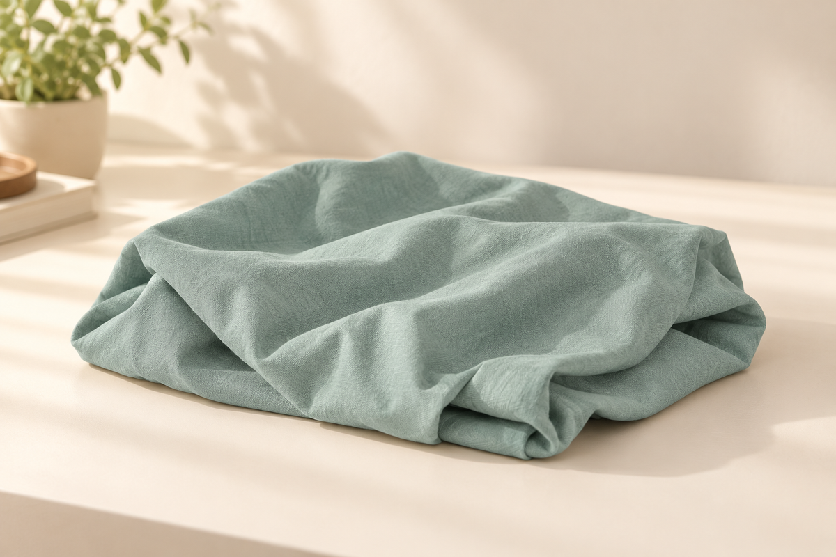 View of one loosely folded thin bean-green cover, without a bed or filling.