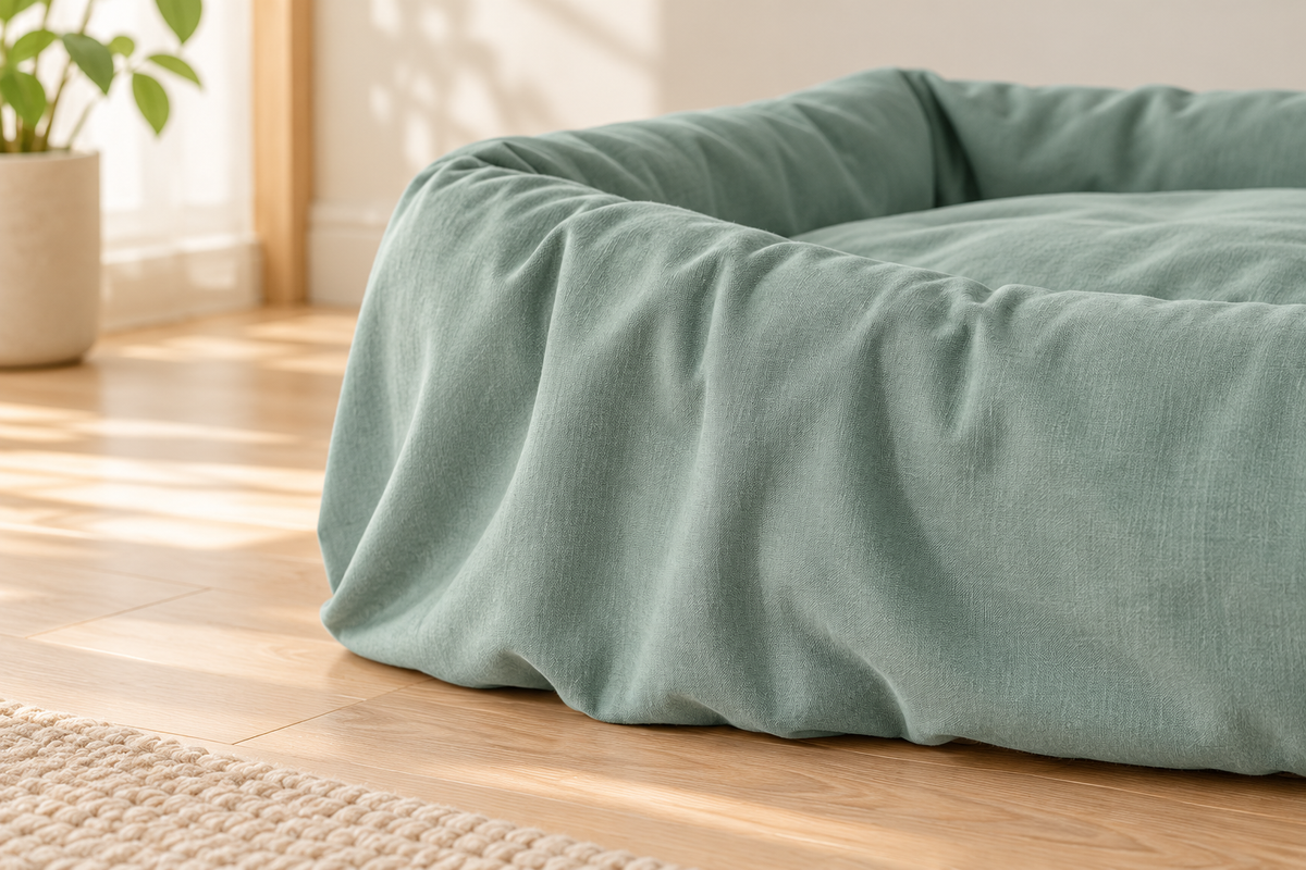 Side detail of the cover's loose drape over an existing bed. Bed and filling are not included.