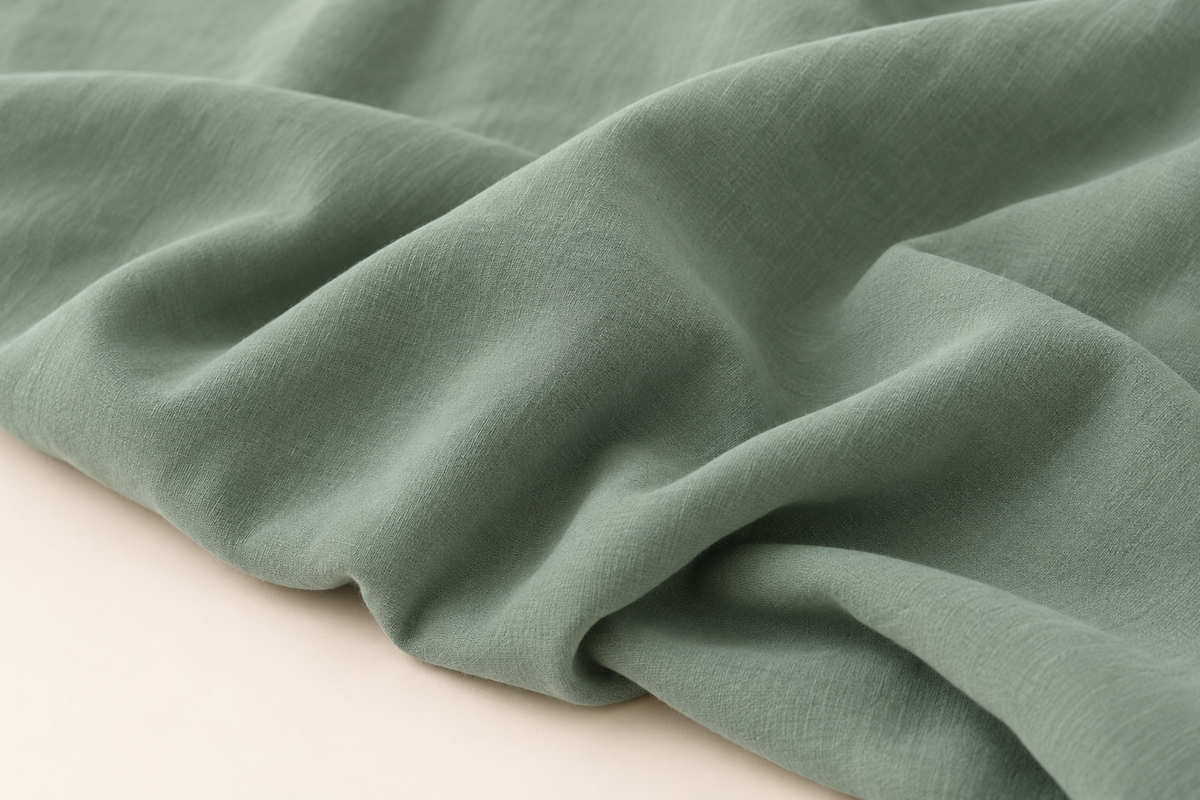 The plain bean-green cover fabric in broad loose folds.