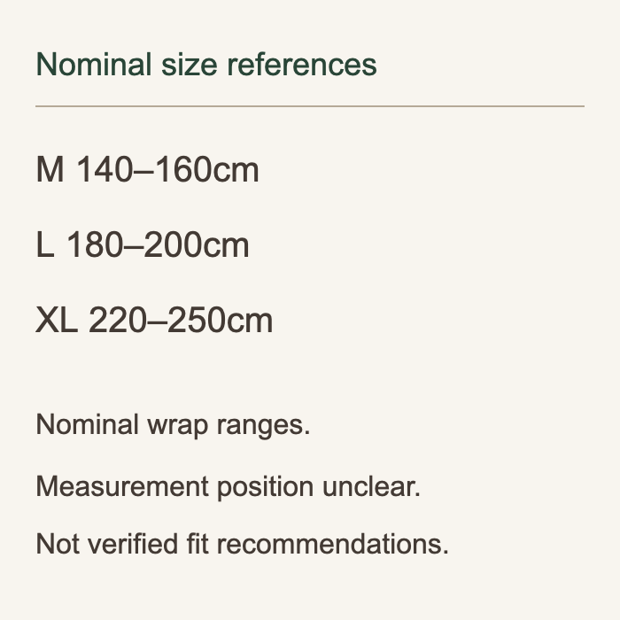 Nominal size references: M140–160cm, L180–200cm, XL220–250cm wrap ranges. Measurement position unclear; not verified fit recommendations.
