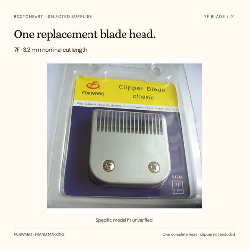 One unmarked Forward blade head in packaging labeled 7F3.2mm. Printed package brand-fit claims are references; specific model compatibility is unverified.