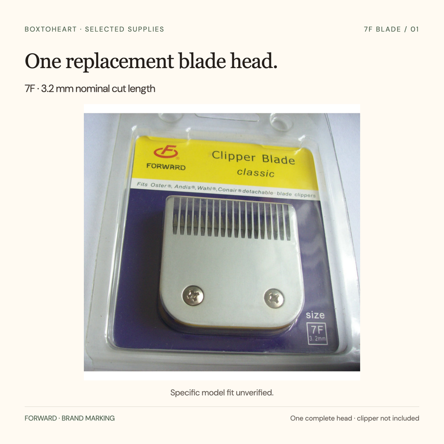 One unmarked Forward blade head in packaging labeled 7F3.2mm. Printed package brand-fit claims are references; specific model compatibility is unverified.