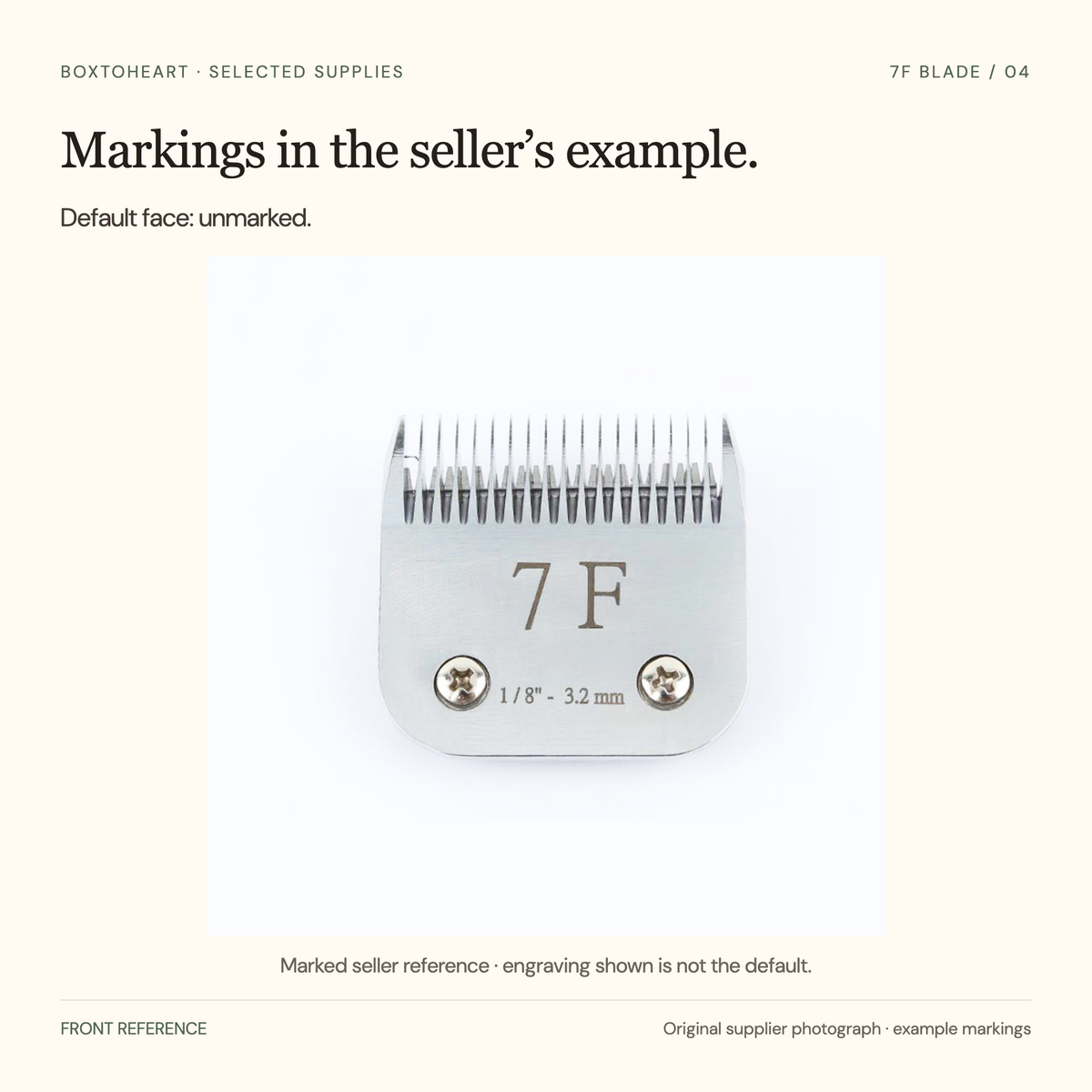 Marked seller front-reference photograph reading 7F and 1/8 inch–3.2mm. The selected default blade is supplied with an unmarked face; example engraving is not included.