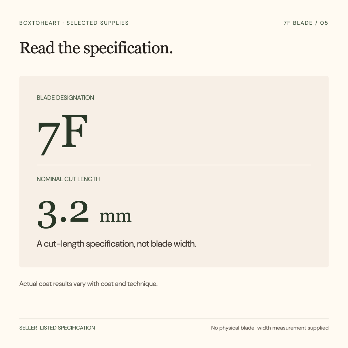 Specification diagram: 7F seller-listed blade designation; 3.2mm nominal cut length, not physical blade width. Actual coat results vary with coat and technique.