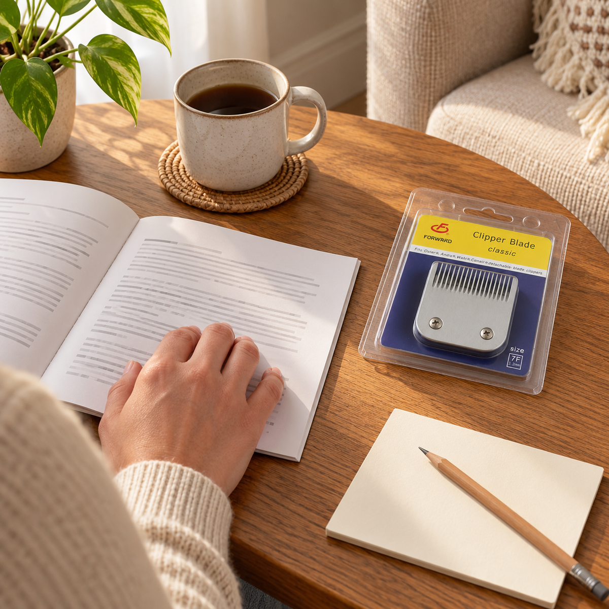 AI-created reading setting with one packaged Forward 7F blade beside an unbranded instruction booklet and blank note.
