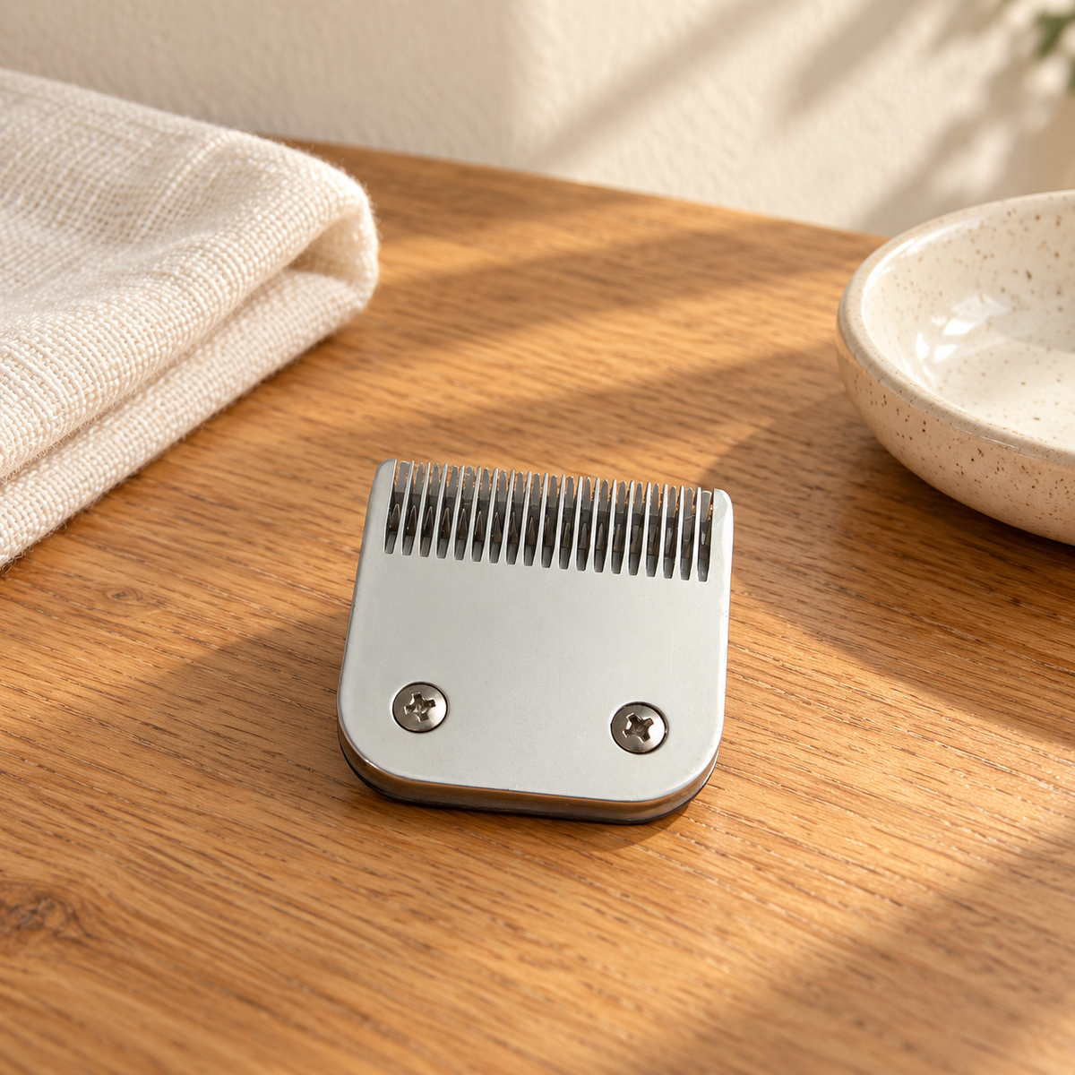AI-created preparation setting with one unmarked silver clipper blade head on an oak table.