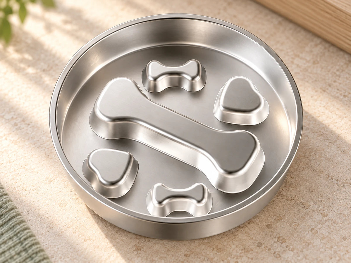 Close view of the rolled rim, large diagonal bone, two small bones and two rounded islands inside the silver bowl.