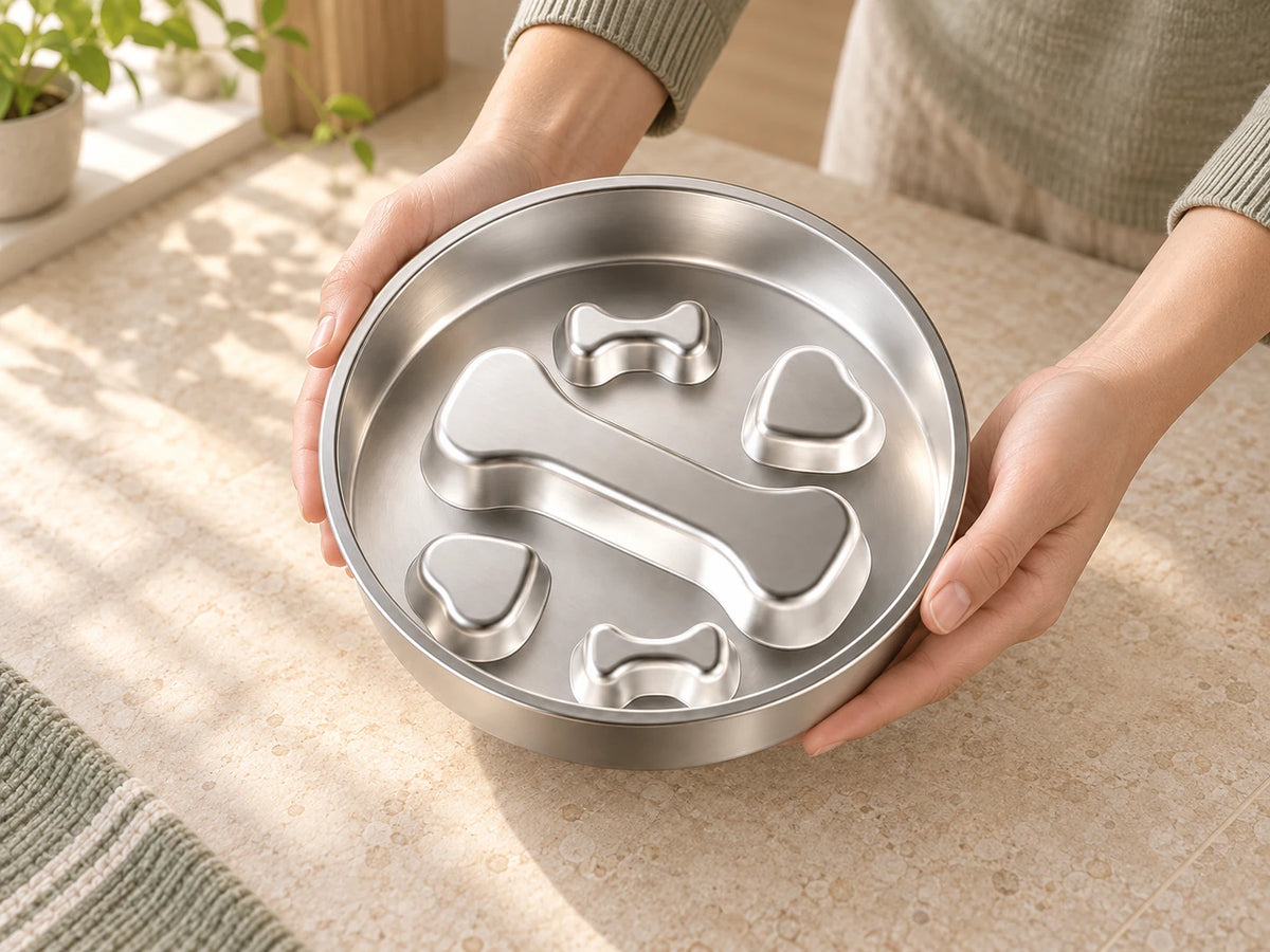 An adult holds the empty silver slow feeder by opposite outer edges, leaving all five raised shapes visible.