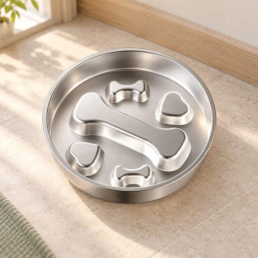 One silver bone-pattern slow feeder bowl on a warm stone floor, showing five raised shapes.