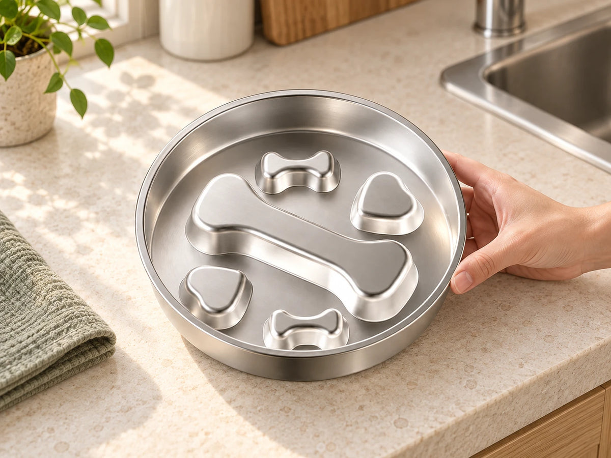 An adult steadies the empty silver bone-pattern bowl on a kitchen counter beside a separately styled sage cloth.