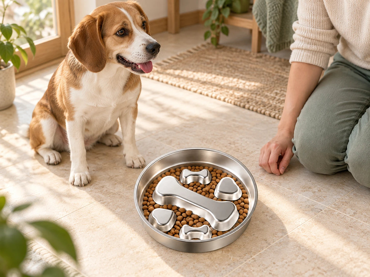 A dog waits beside an adult and the silver bone-pattern bowl, with dry food arranged around its raised shapes.