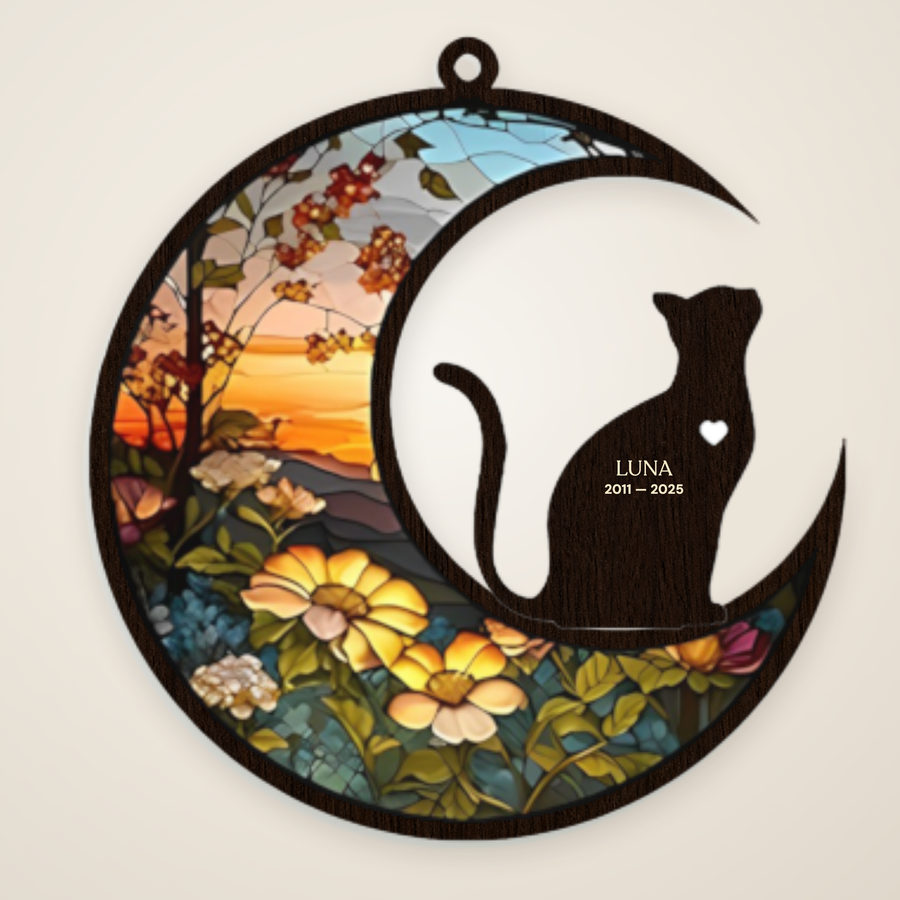 Exact M1 and cat-A memorial suncatcher with the name and dates centered inside the cat at the supplied reference position