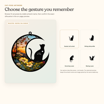 Cat pose guide with Seated, tail curled selected and three other named cat artwork choices