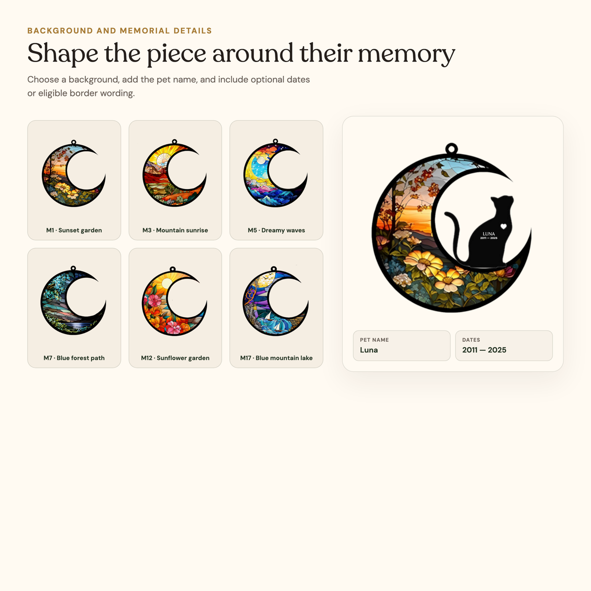 Six moon backgrounds beside the exact M1 and cat-A preview personalized with Luna and dates 2011 to 2025