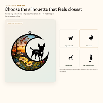 Pet artwork selection guide with the exact dog-037 Chihuahua memorial preview plus Afghan Hound, Chihuahua, Great Dane, and cat pose choices
