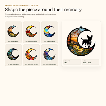 Six selectable crescent backgrounds beside an exact-layout Chihuahua preview personalized with the name Milo and dates 2012 to 2025