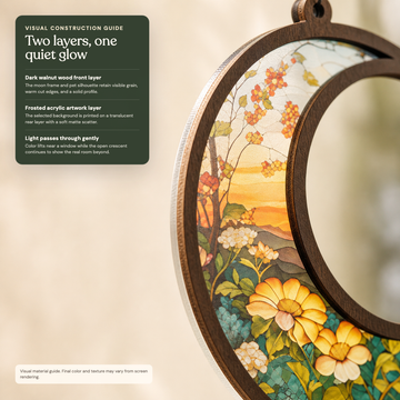 Macro view showing a dark walnut wood crescent front layer and a softly translucent frosted acrylic artwork layer
