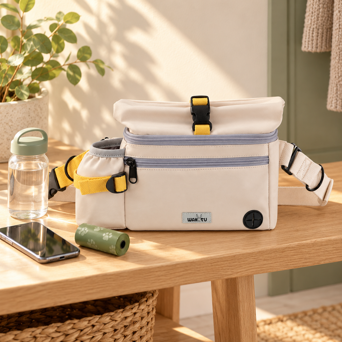 AI example of the ivory walking bag on an entryway bench beside a phone, bottle and waste-bag roll.