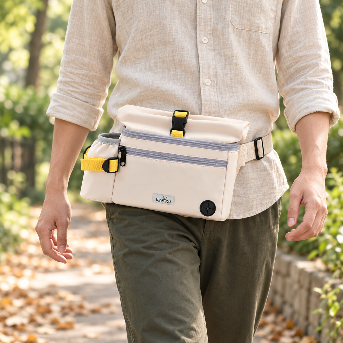 AI example of an adult wearing the ivory C280 at the front hip on a leafy path.