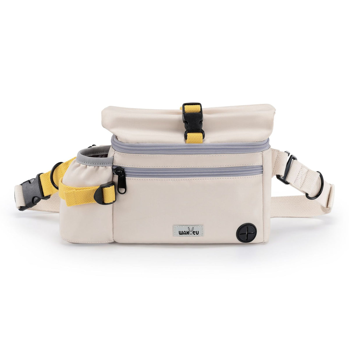 Ivory WAKYTU C280 bag with rolled top, gray zips, yellow webbing and side bottle holder, supplier front photograph.