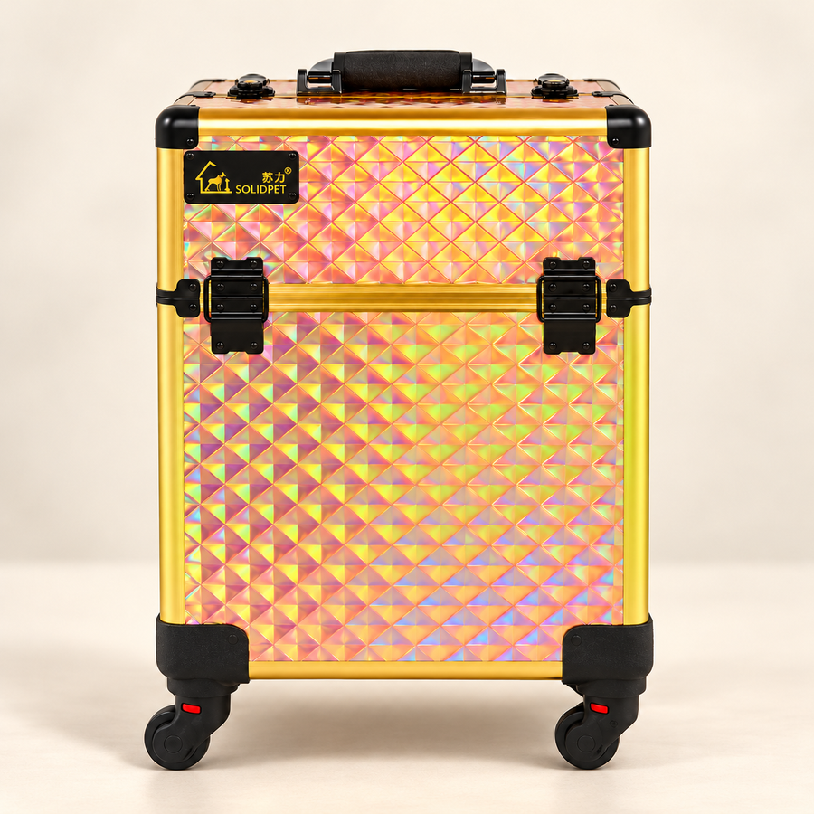One closed rose-gold Solidpet rolling case with iridescent faceted surface