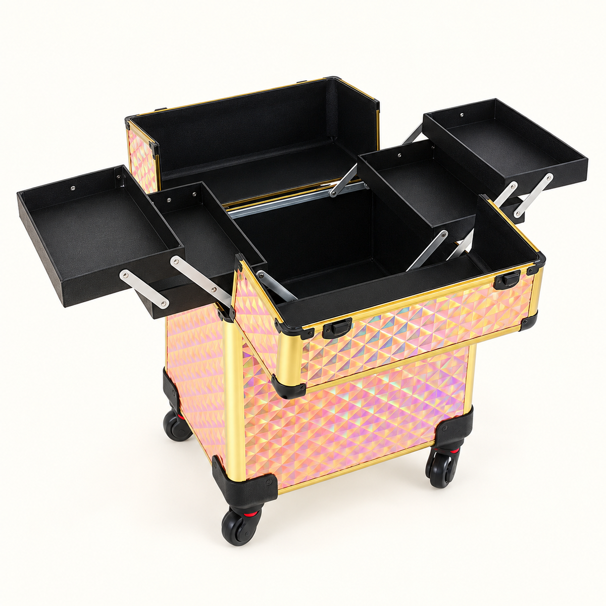 Source-informed open-case illustration showing four cantilever trays and a deeper central compartment; internal dimensions not measured.