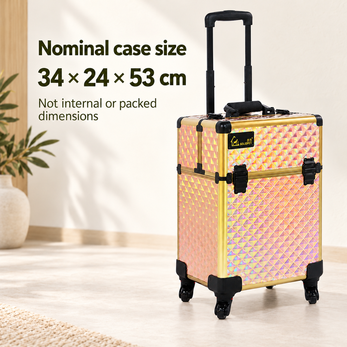 Nominal case specification34×24×53cm, distinguished from internal, packed and extended-handle dimensions.