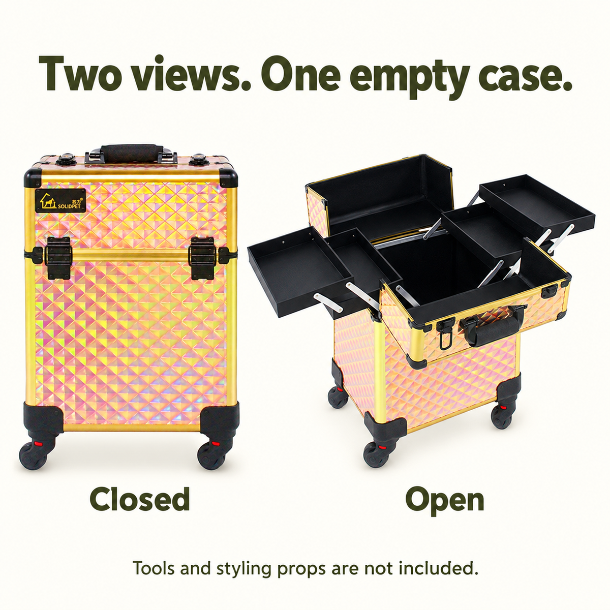 Two construction views of one empty case: closed for organization between uses and open with four trays; not a two-case bundle.