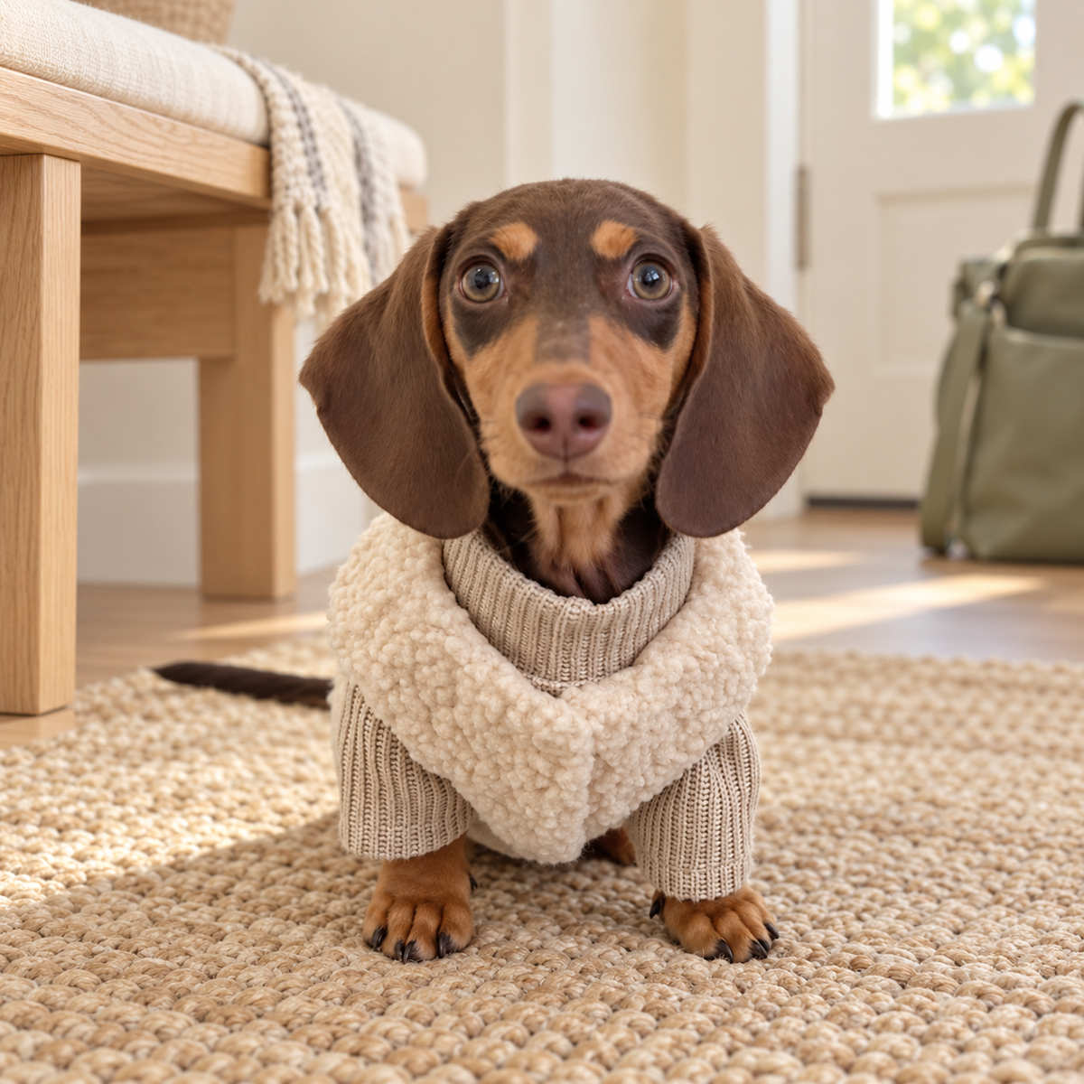 AI-created entryway scene of one dog in the selected oat knitted sweater with front-leg sleeves and separate cream textured-pile sleeveless vest; paws remain exposed.