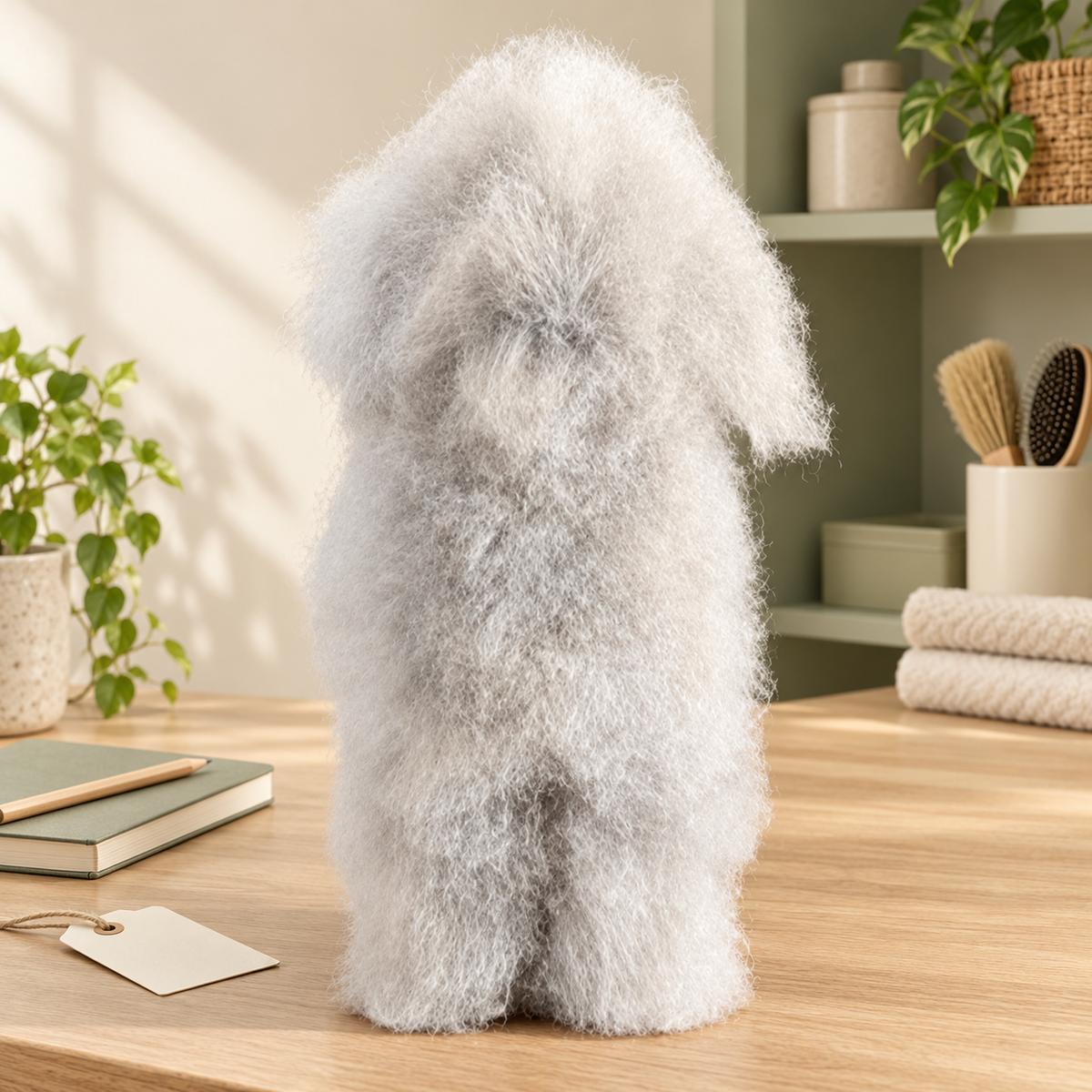 AI-created owner replacement-choice workbench setting featuring the selected pale-grey Teddy coat in supplier-reference display pose, beside a notebook and tag; display support and props not included.