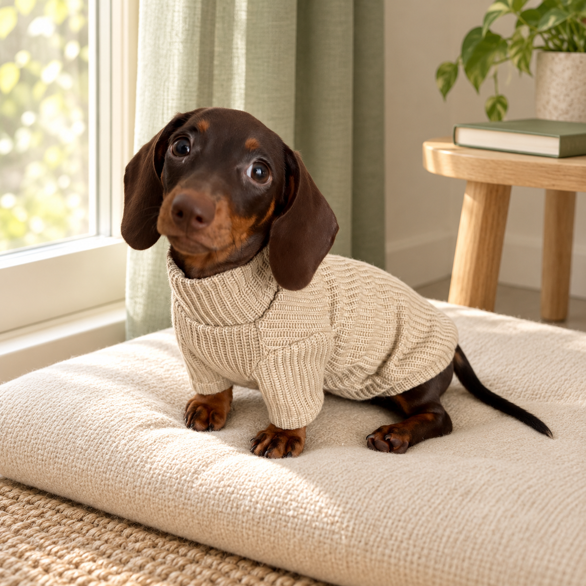 AI-created window-corner scene of one dog in the selected oat ribbed sweater alone, with front sleeves and exposed lower legs and rear legs; vest included in purchase but not shown.